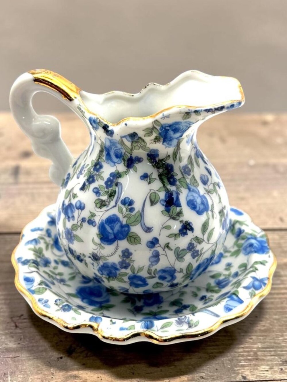 Vintage Royal Chintz 2179 Mini Pitcher & Plate Set Blue Floral Porcelain Gold